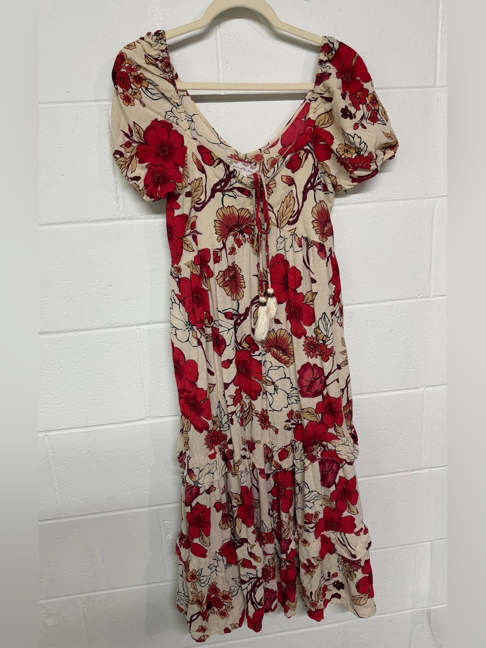 Floral Midi Dress with Puff Sleeves - Cream & Red